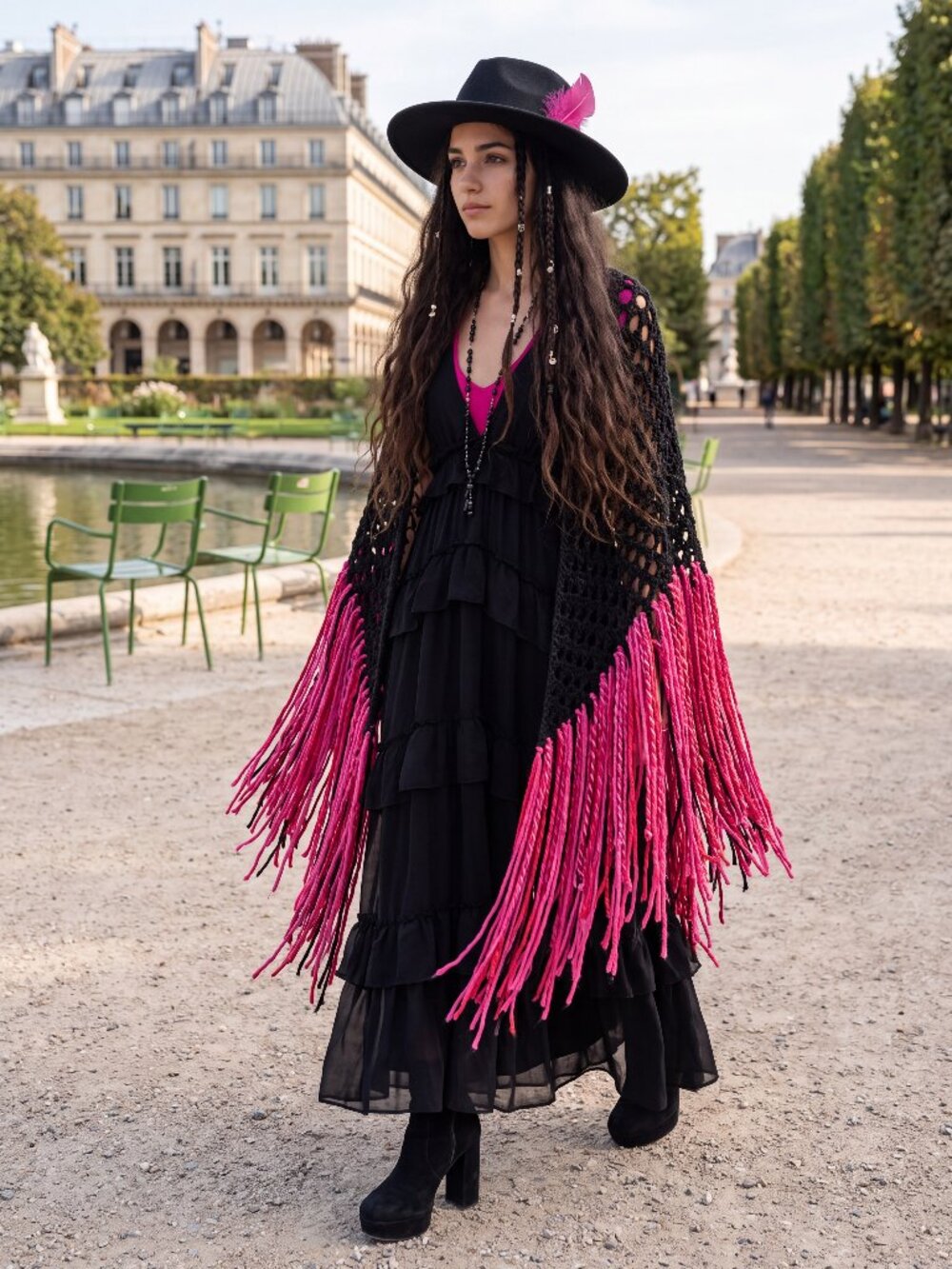 BoHo Black with Colourful Magenta - Red - Deep Fuchsia Pink Freaky Fringe Shawl